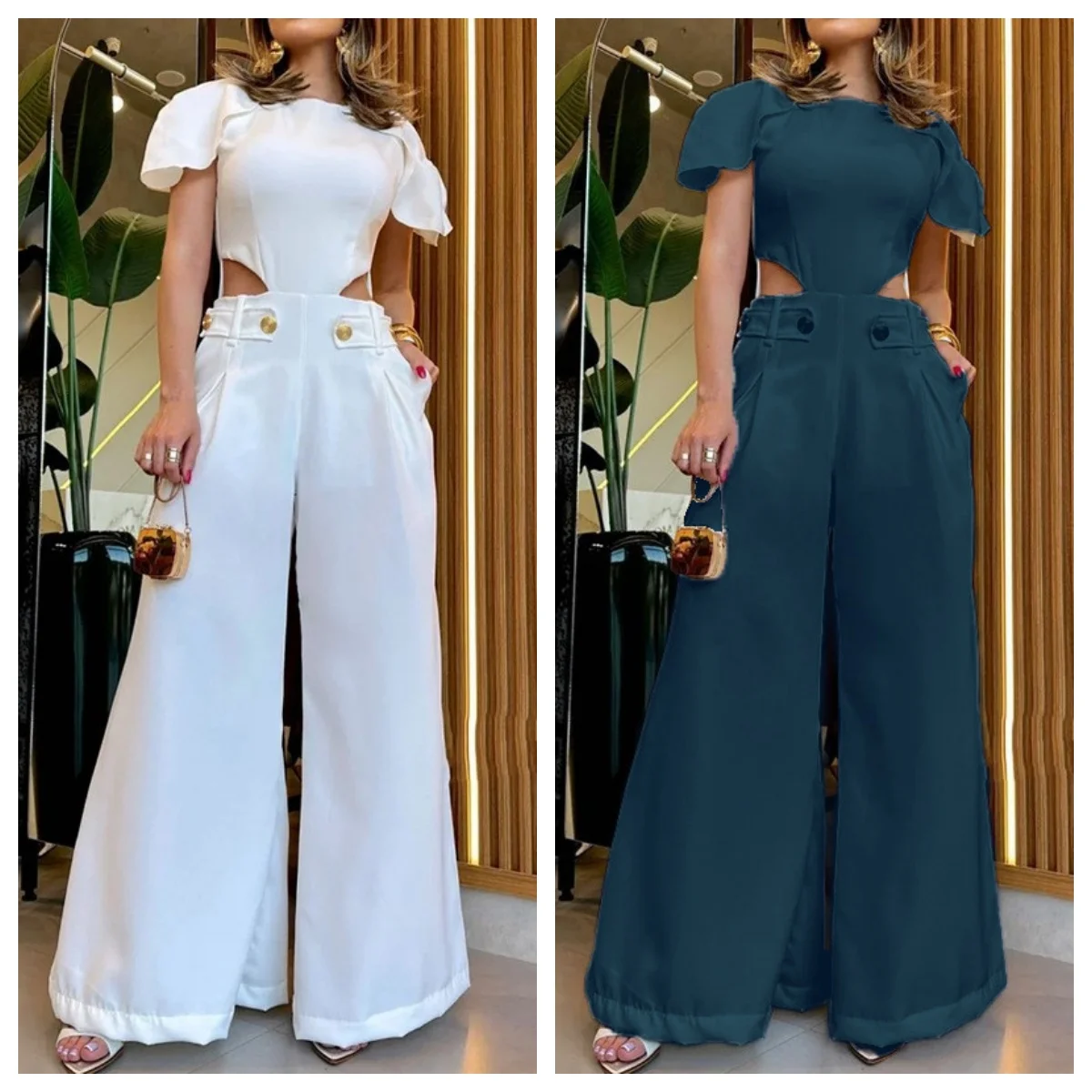 New Sexy Wide Leg Pants Set For Women Fashion Solid Color Female Trousers Cut Out High Street Ladies Overalls Clothing