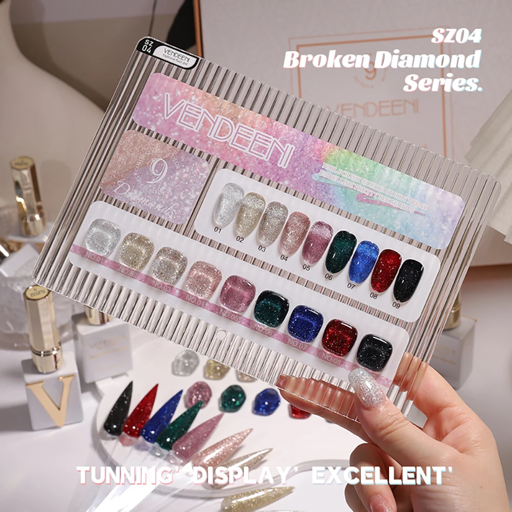 Vendeeni 9 Farben/Set Glitzer-Broken-Diamond-Gel-Nagellack UV LED Soak-Off Gel-Lack Grün Lila Rot Flash Gel mit Display – Detail 16