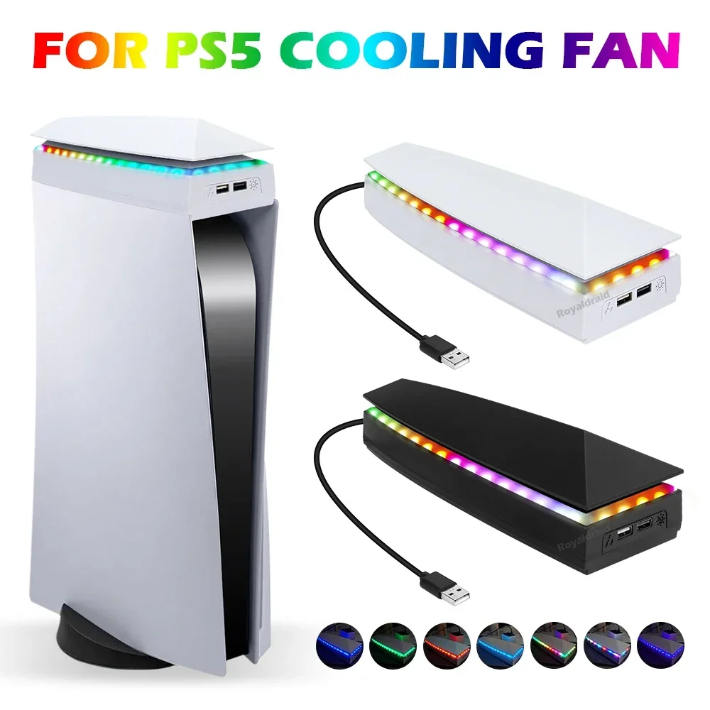 White Upper Cooling Fan for PS5 Console with Dust Cover Base Game Cooler Stand Bracket with RGB Atmosphere Colorful Lighting LED