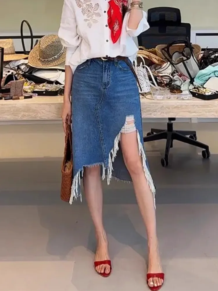 

Faionable Mid-Length Women's Denim Skirt Spring Summer New Design High Waist A-Line Skirt with Slit And Frayed Hem