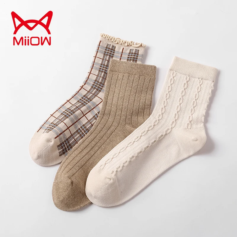 MiiOW 3 Pairs/Lot Pure Cotton Women Socks Kawaii Lolita Street High Quality Student Preepy Look Apricot Stockings for Girls