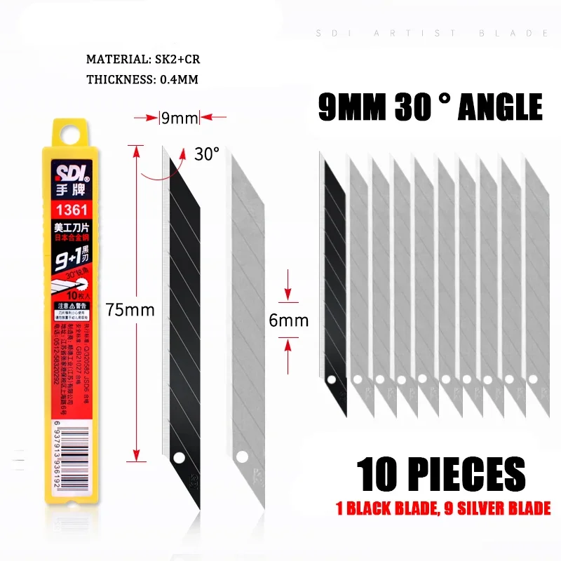 SDI 1361 10PCS Spare Blade 9mm 30° Angle SK2 Carbon Steel Replacement Blades for Utility Knife Cutting Wallpaper Plastic Film