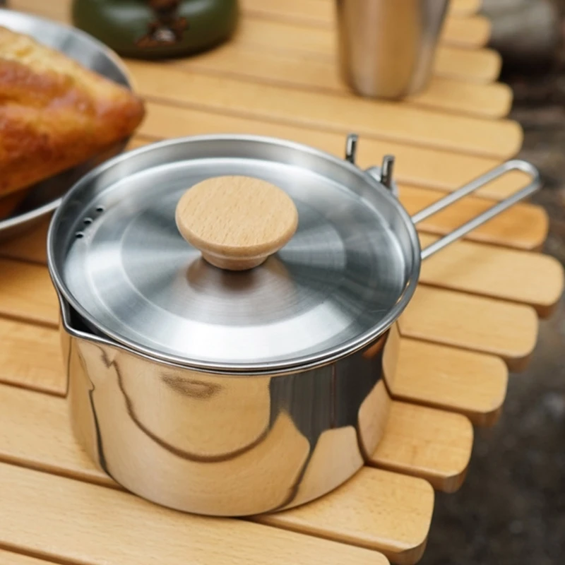 Stainless Steel Camping Pots Folded Handle Camp Kettles Water Boiling Pots for Outdoor Hiking and Picnics D5QD