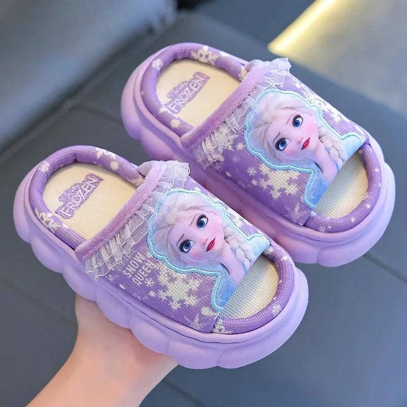 Disney Frozen Princess Elsa Cartoon Cotton Slippers for Girls Summer Indoor Casual Preservation Non slip Children\'s Plush Shoes