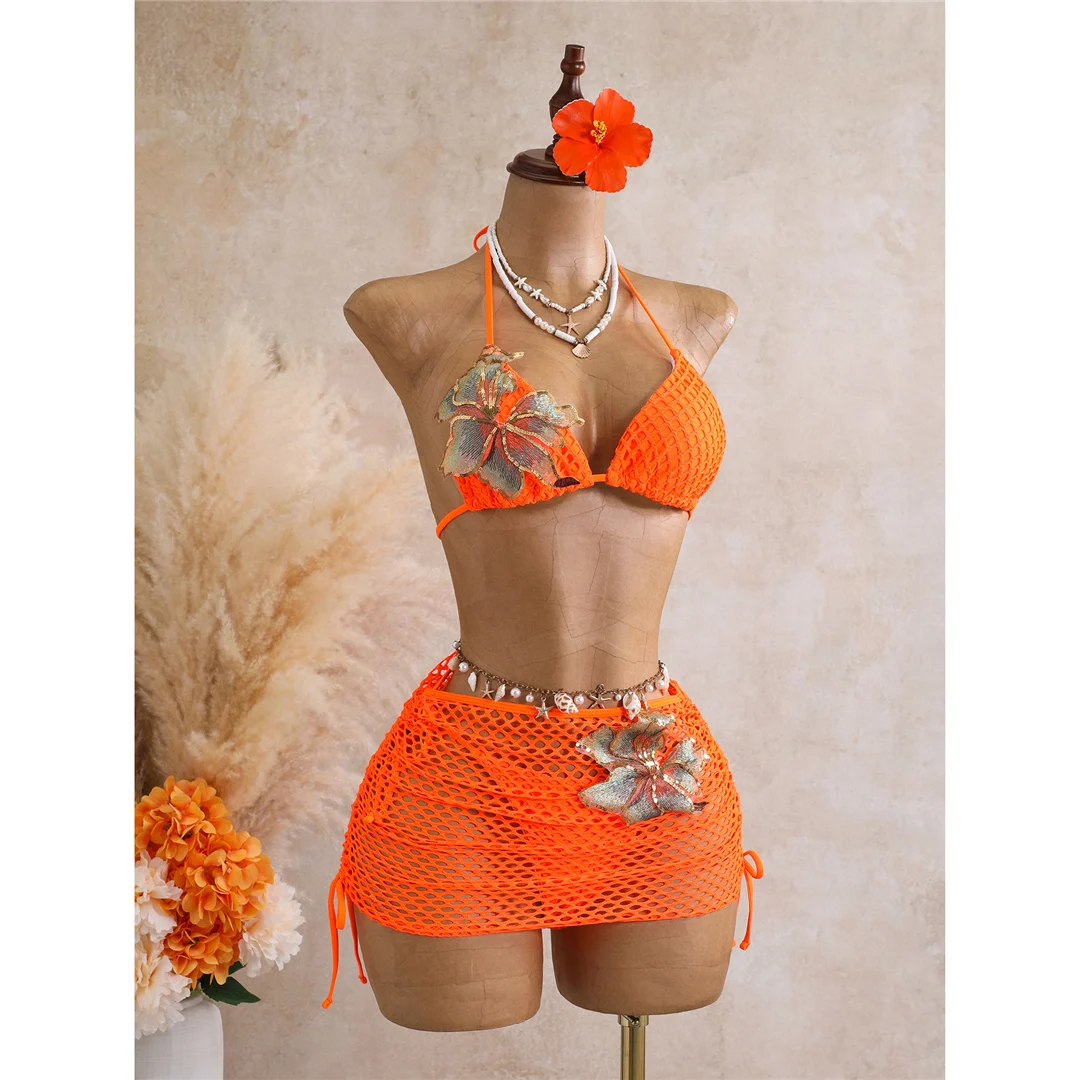 Mit Rock 3D-Blumen-Halter-Bikini Damen-Badebekleidung, dreiteiliges Bikini-Set, gepolsterter Badeanzug, Badebekleidung, Schwimmen V8346 – Detail 20
