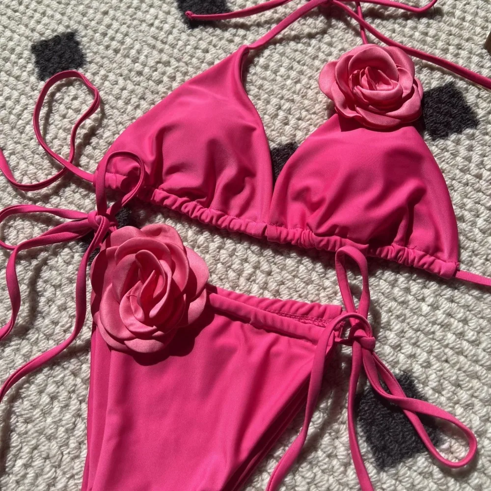 Backless Bikini Set Lovely with Rose Sexy Solid Color Bathing Suit Drawstring Split Swimsuit
