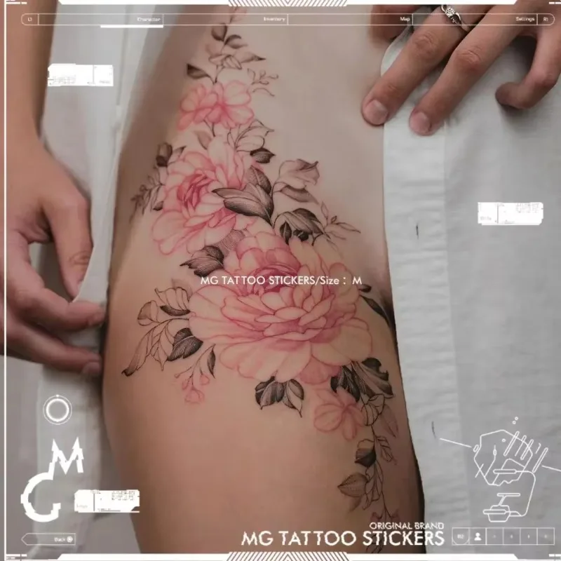 Pink Flower Tattoo Sticker for Women Thigh Sexy Fake Tattoo Shoulder Waterproof Lasting Floral Art Stickers Temporary Tattoo