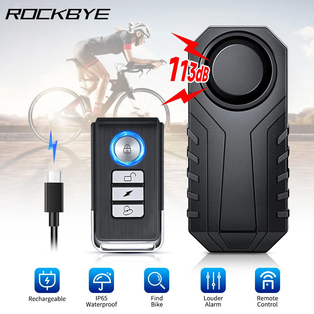 

Rockbye Bicycle Burglar Alarm, Wireless Remote Control IP65 Waterproof 113dB Type-C Rechargeable Motorcycle Anti-Theft System