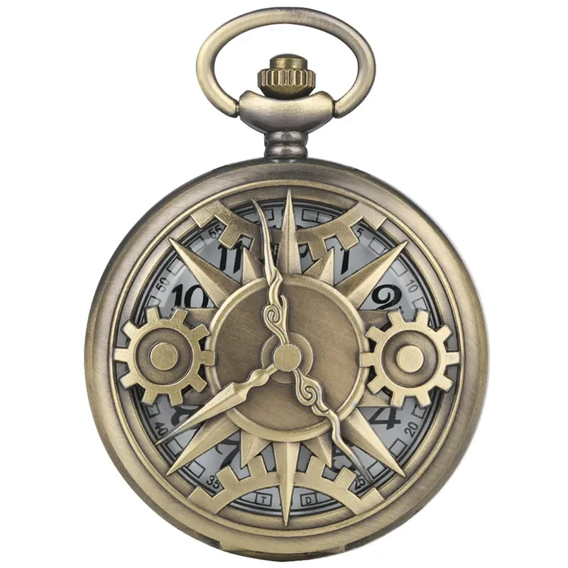 Vintage Hollow Out Gear Cover Men Women Quartz Analog Pocket Watch Necklace Pendant Chain Timepiece Gift Clock