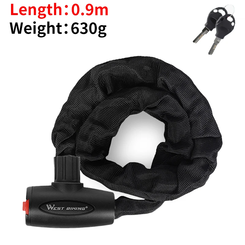 WEST BIKING-candado de cadena de bicicleta de alta seguridad, candado antirrobo portátil para bicicleta de montaña con 2 llaves para patinete y bicicleta eléctrica