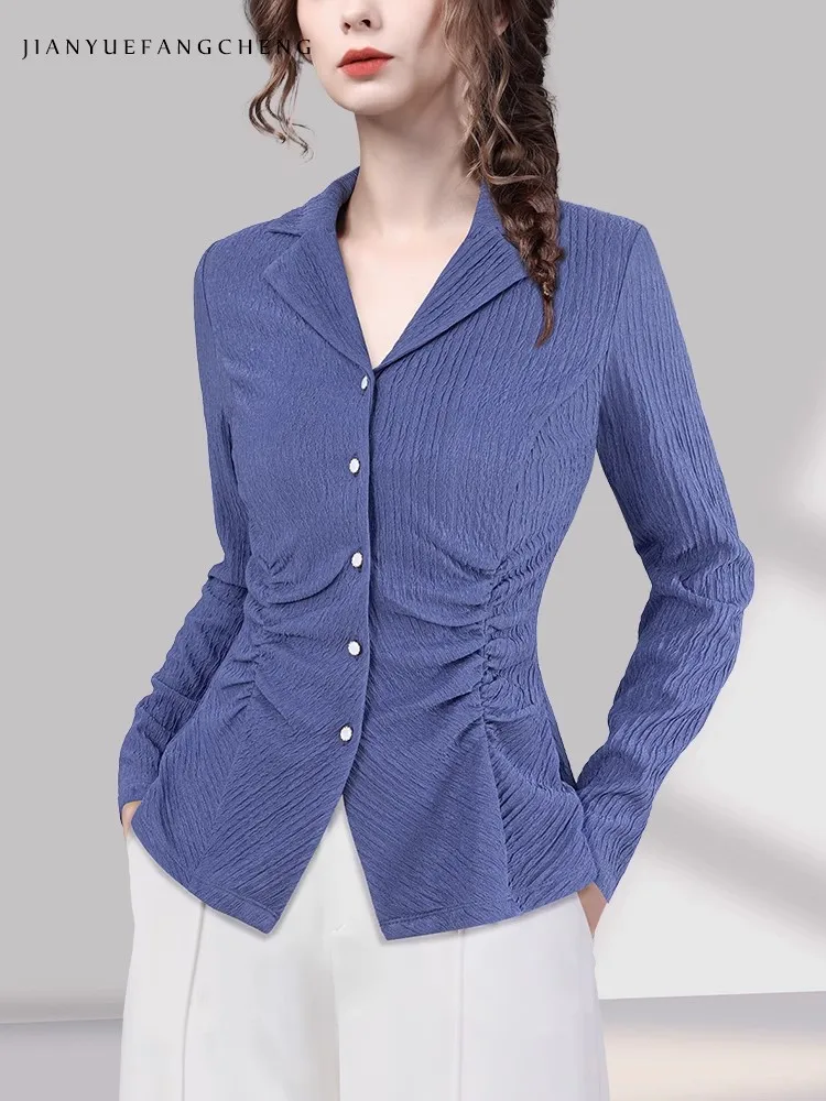 Womens Long Sleeve Stretching Blue Shirred Button-down Shirt 2024 Fall Tops Elegant Skinny Female Working Casual Blouses