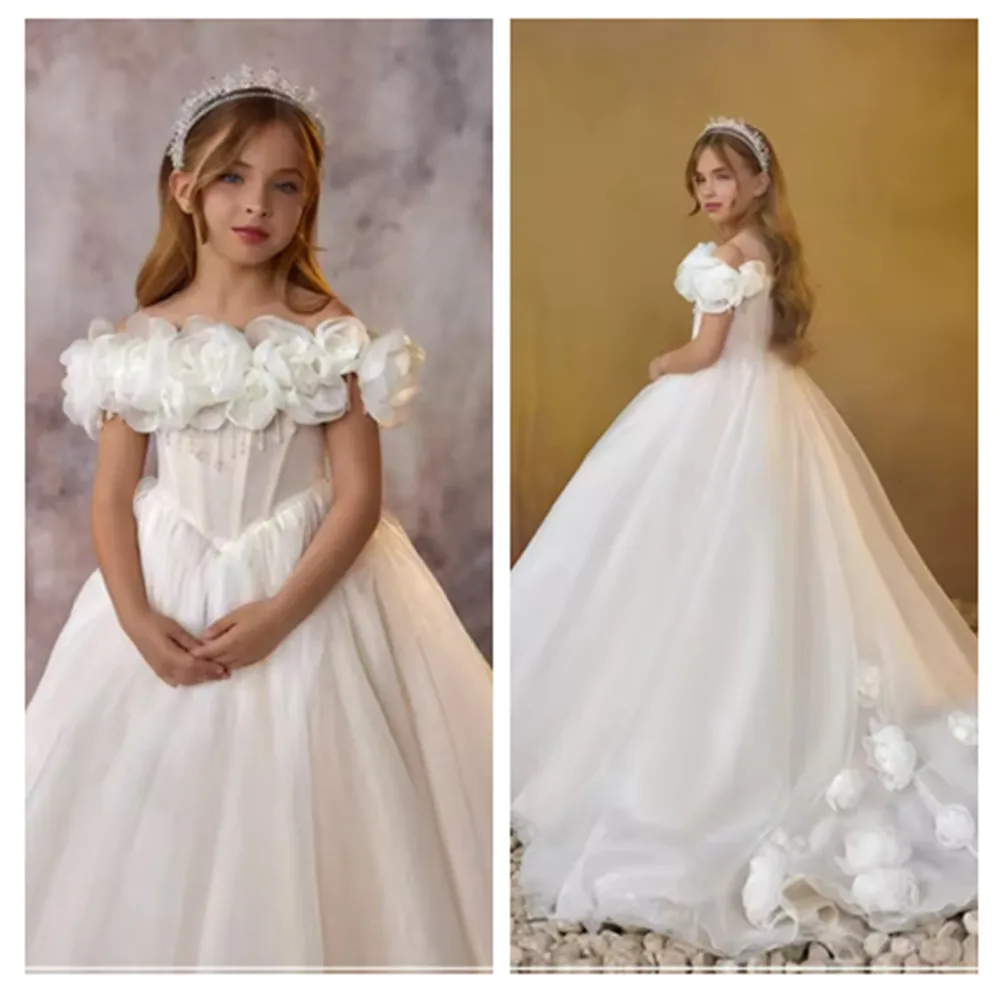 

Customized Flower Girl Dresses For Wedding Elegant Floral Off Shoulder Kids Birthday Gowns First Communion Dresses