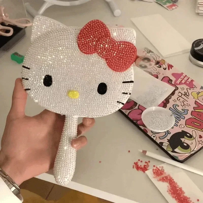 Sanrio Cute Hello Kitty Mirror Tiotik Internet Celebrity Popular DIY Diamond Handle Mirror Girls Handheld Cosmetic Mirror Gift