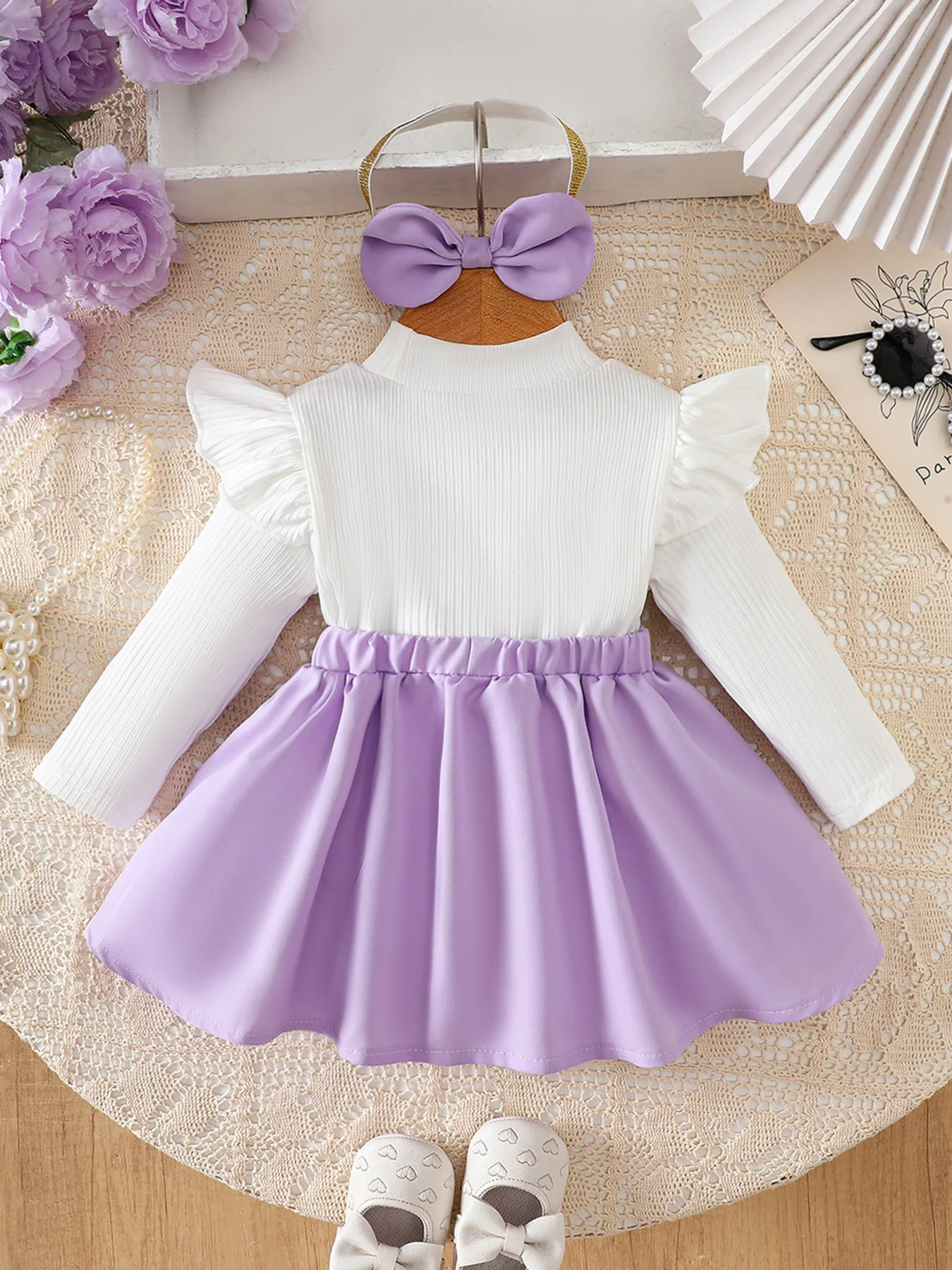 Pink Hand-Crafted 3D Bowknot Lotus Leaf Sleeve Faux Two-Piece Princess Dress with Large Bowknot Headband, Cute and Eye-Catching