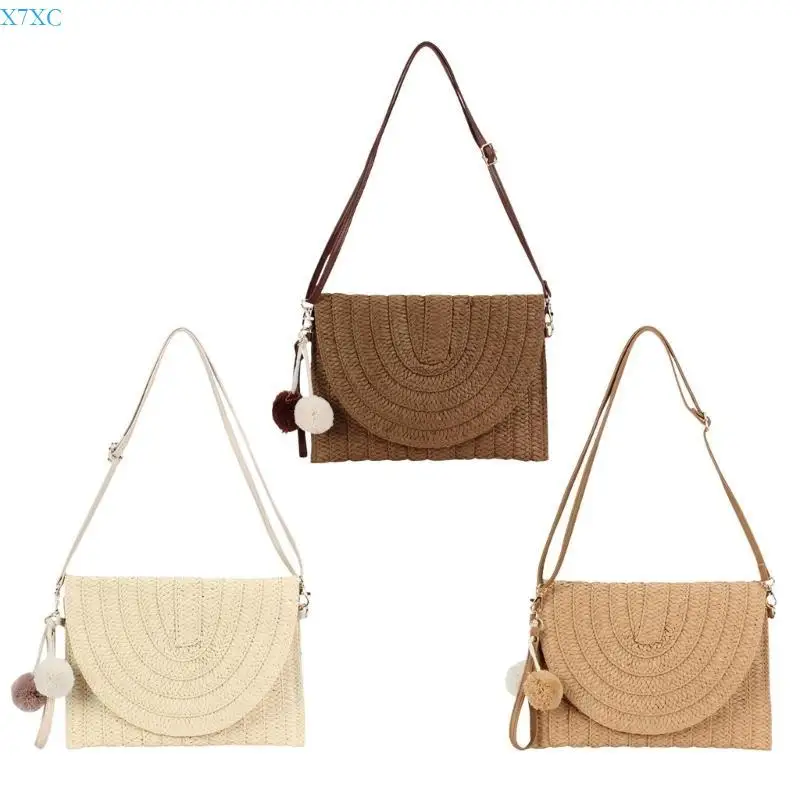 X7XC Женская пляжная сумка ручной работы Сумка на плечо Повседневная сумка Соломенная сумка через плечо Сумка