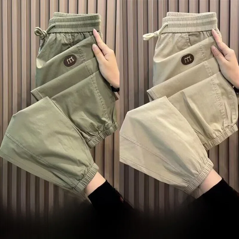 

Quick Dry Ice Silk Men's Casual Pants Thin Workwear Summer Nine Points Cuffed Sports Trousers Loose Fit Harajuku Style Elasti...