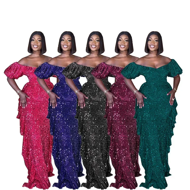 Сексуальные вечерние длинные платья с открытыми плечами и блестками, женские облегающие многоуровневые элегантные вечерние платья с рюшами, платья для выпускного вечера в ночном клубе