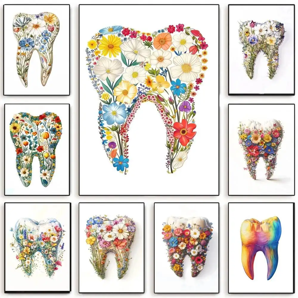 Colorful Flowers Tooth Drawing Poster Self-adhesive Art Room Entrance Restaurant Wall Decor Art Painting