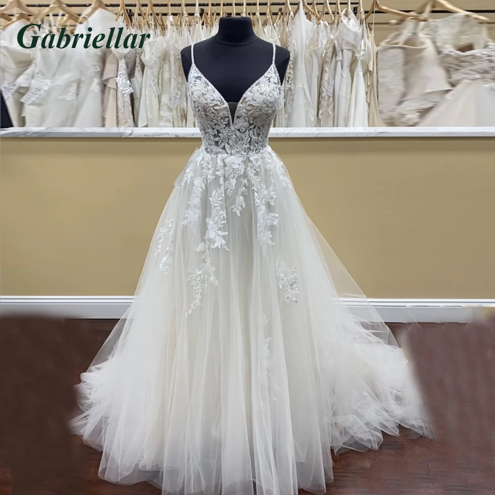 Gabriellar Pastrol Wedding Dresses for Mariages Spaghetti Strap Lace Appliques Open Back Tulle Brush Train Vestido De Casamento