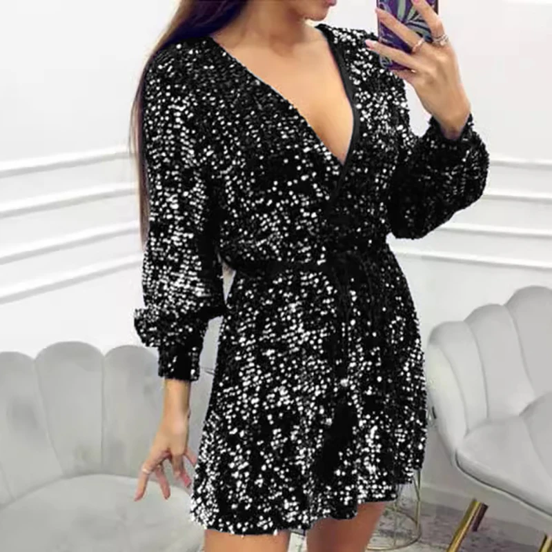 Fashion Glitter paillettes Sharkly Party Dress Womens Sexy Wrap scollo a V Lace-up Mini abito autunno inverno manica lunga a-line Boho Dress