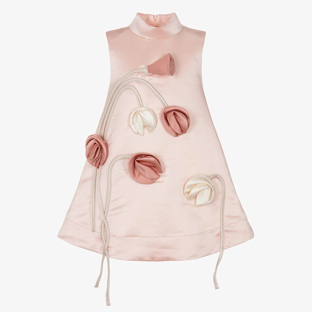 Maßgeschneidertes Modernes Mädchen-Partykleid 3D-Blumen Hochkragen A-Linie Festkleid für Mädchen Satin Ärmellos Kinder-Geburtstagskleider