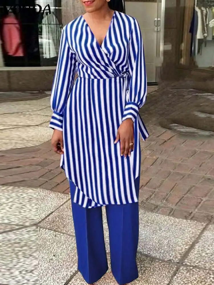 

Autumn Striped Long Tops Wide Leg Pants Sets 2023 VONDA Women Pant Sets Fashion Long Sleeve Bandage Shirts Pants Suits