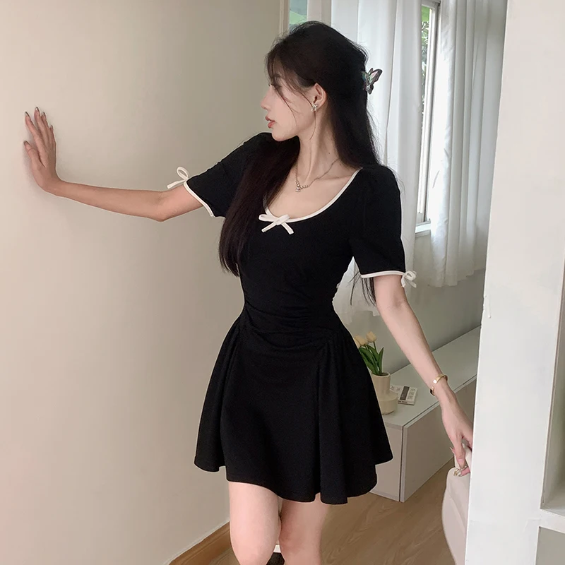 Summer Mini Dress Women Sexy Black Short sleeve Patchwork casual Solid A-LINE Dress Streetwear Club Elegant Party Dresses