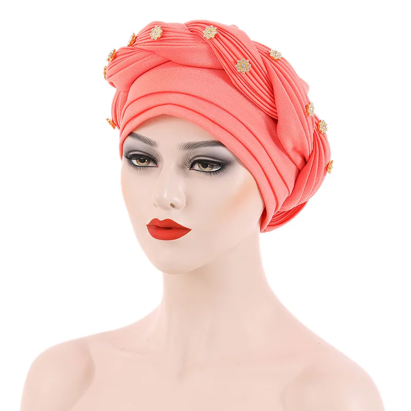 Multilayer Diamonds Braid Turban Caps Women Muslim Headscarf Bonnet Female Headwrap Hat Ready to Wear African Auto Gele Headtie