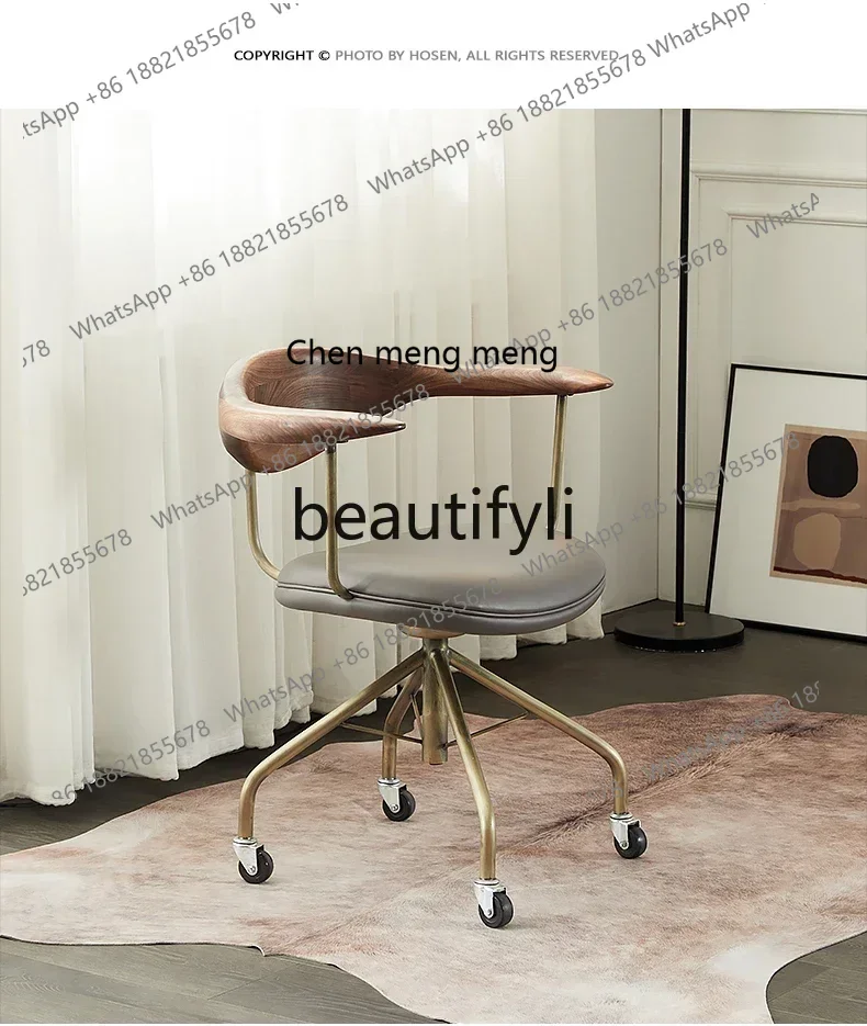 New arrive Nordic computer chair modern simple solid wood retro black walnut copper leg study back armchair
