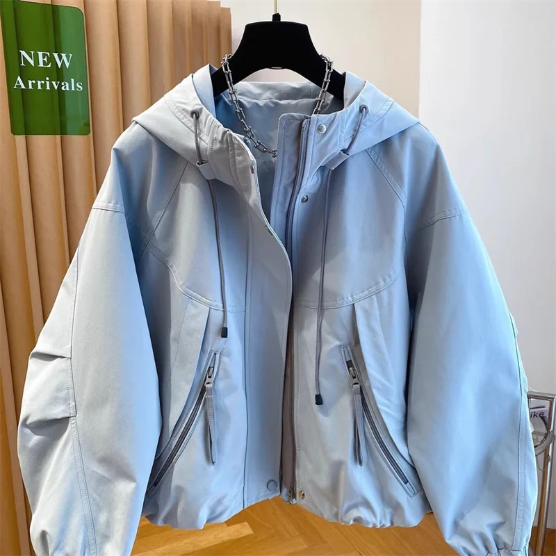 Autumn Femme Fashion Solid Color Stormtrooper Coat Lady Hooded Casual Zipper Pocket Top Jacket Spring Women Long Sleeves Outwear