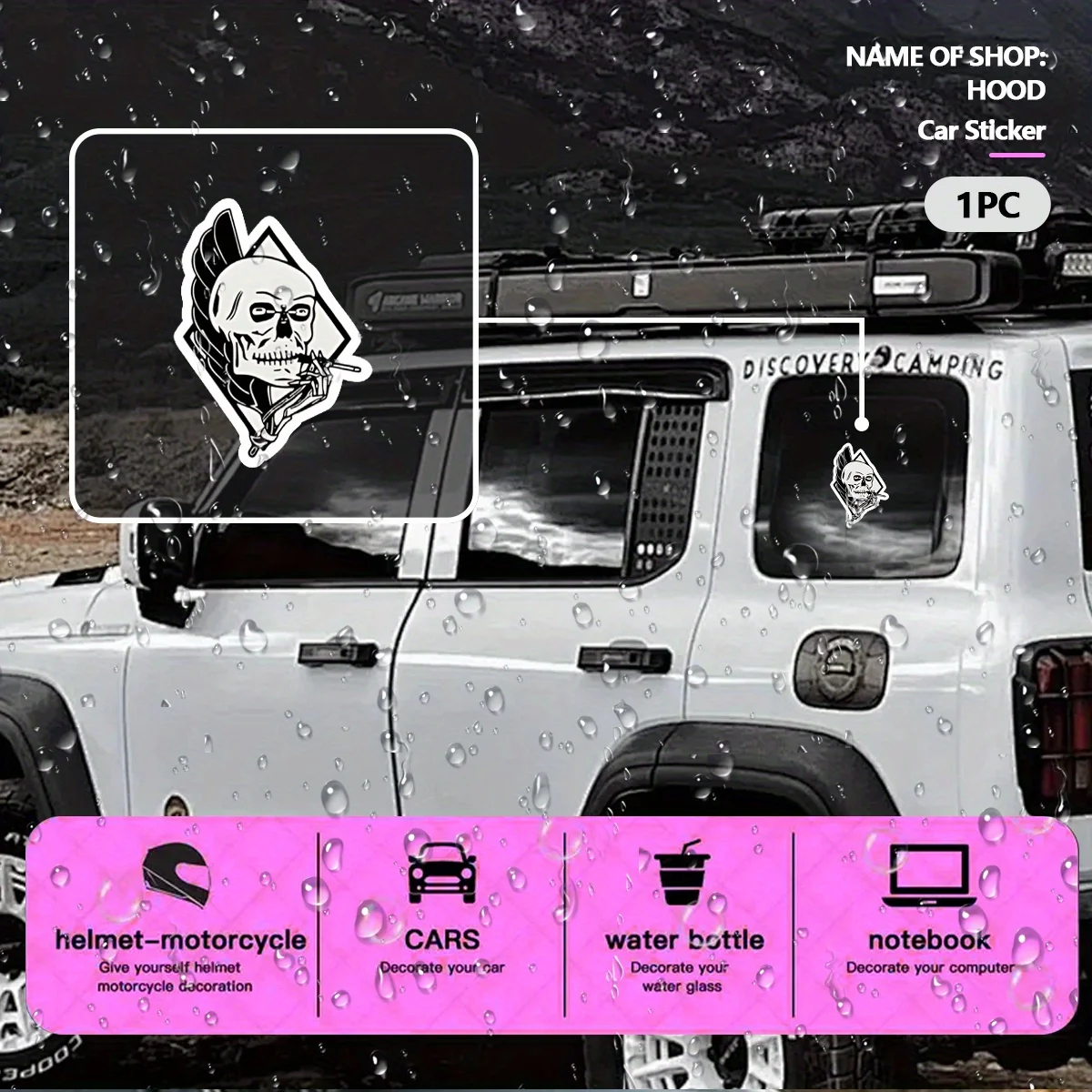 قطعة واحدة من ملصق الدراجة النارية/السيارة - جمجمة مملوءة بالحواف باللونين الأبيض والأسود، التدخين بالأجنحة -