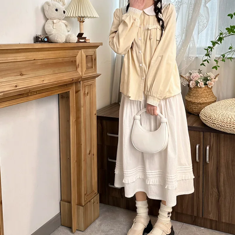 Japanese Autumn White Yellow Sweet and Cute Lotus Leaf Collar Long-Sleeved Shirt Top White Light Breathable Skirt Suit For Girls