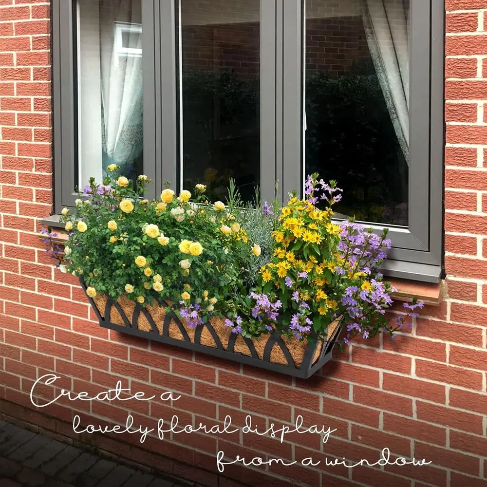 Cesto Suspenso para Janela, 24 Polegadas, Metal Preto, para Plantas, com Forro, para Varanda, Sacada, Pátio ou Casa, Oi