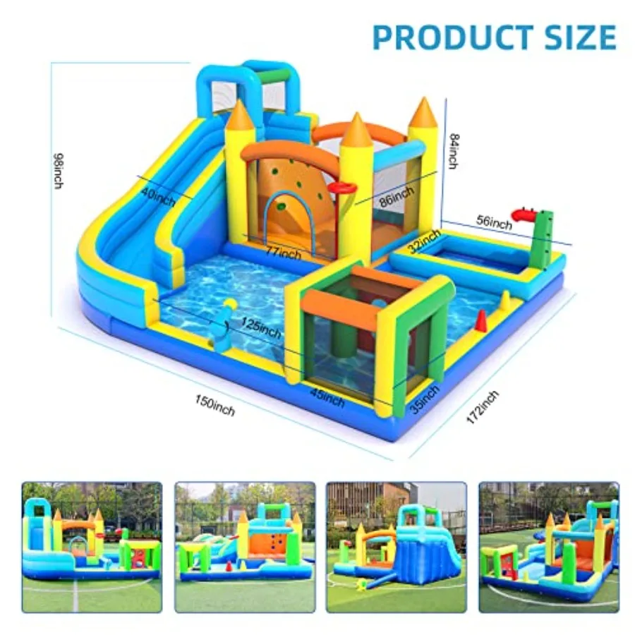Outdoor backyard inflatable water slide park for kids: PVC material, blue and yellow, includes splash pool, climbing wall, boun