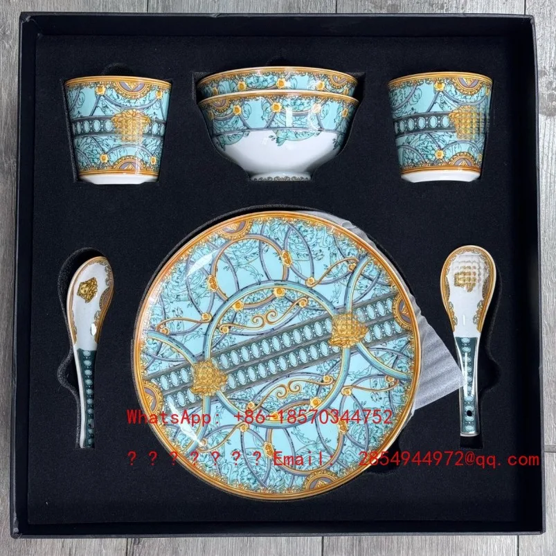 European-style Pink and Green Household Tableware, Dinner Plate, Rice Bowl, Cup, Water Cup, Spoon Set, Gift Box.