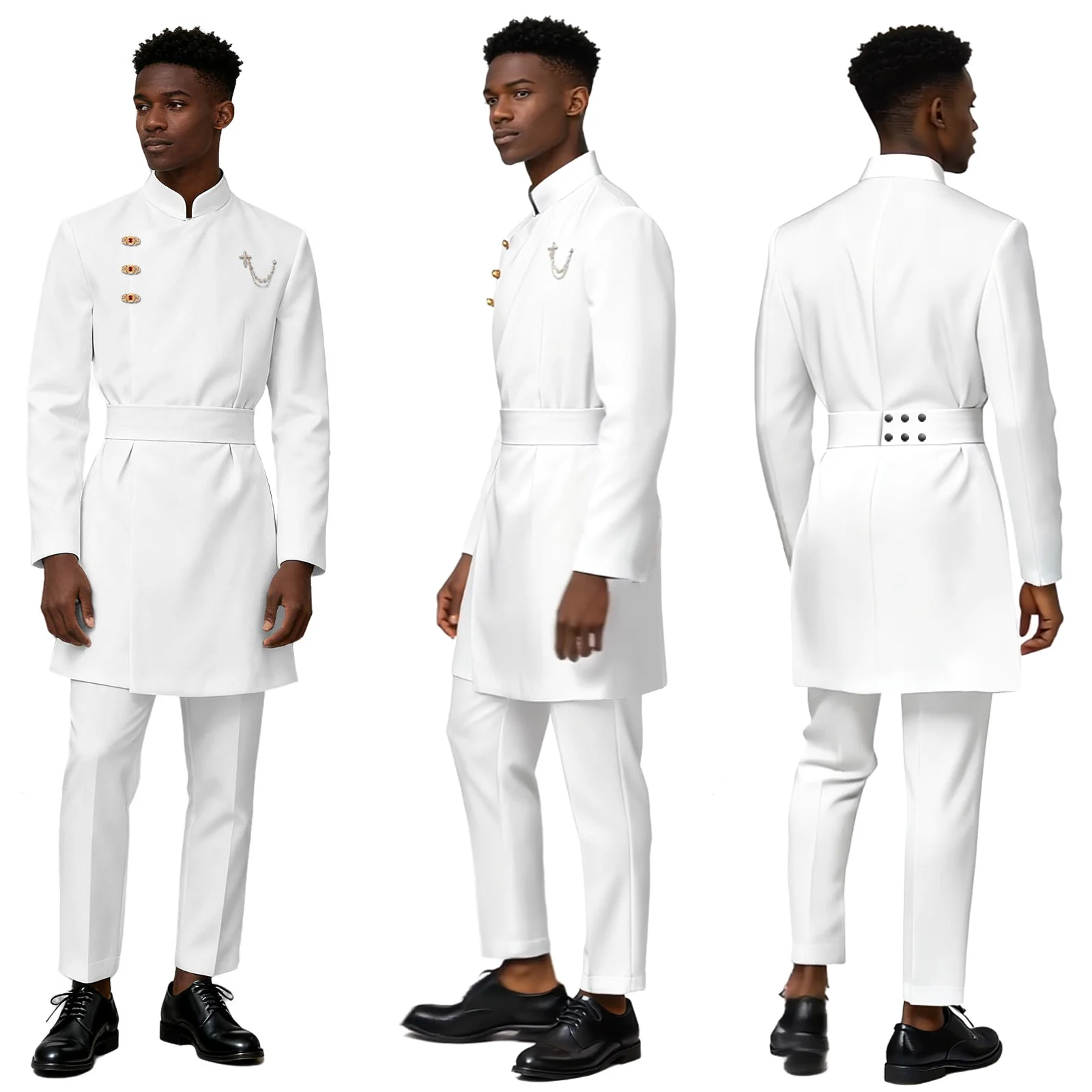 

DBQ-Men's African Suit, Slim Fit, Single Breasted, Golden Button Blazer, Slim Pants with Belt, Formal Style, BD1121, 2 Pieces