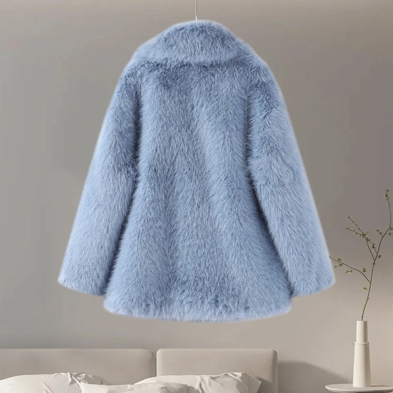 KIDCRKJ Zimowy Damski Płaszcz z Eko-Skóry, Kolorowy, Gruby, Sztuczny Futro, Luźna, Puszysta Kurtka ze Sztucznego Futra dla Kobiet