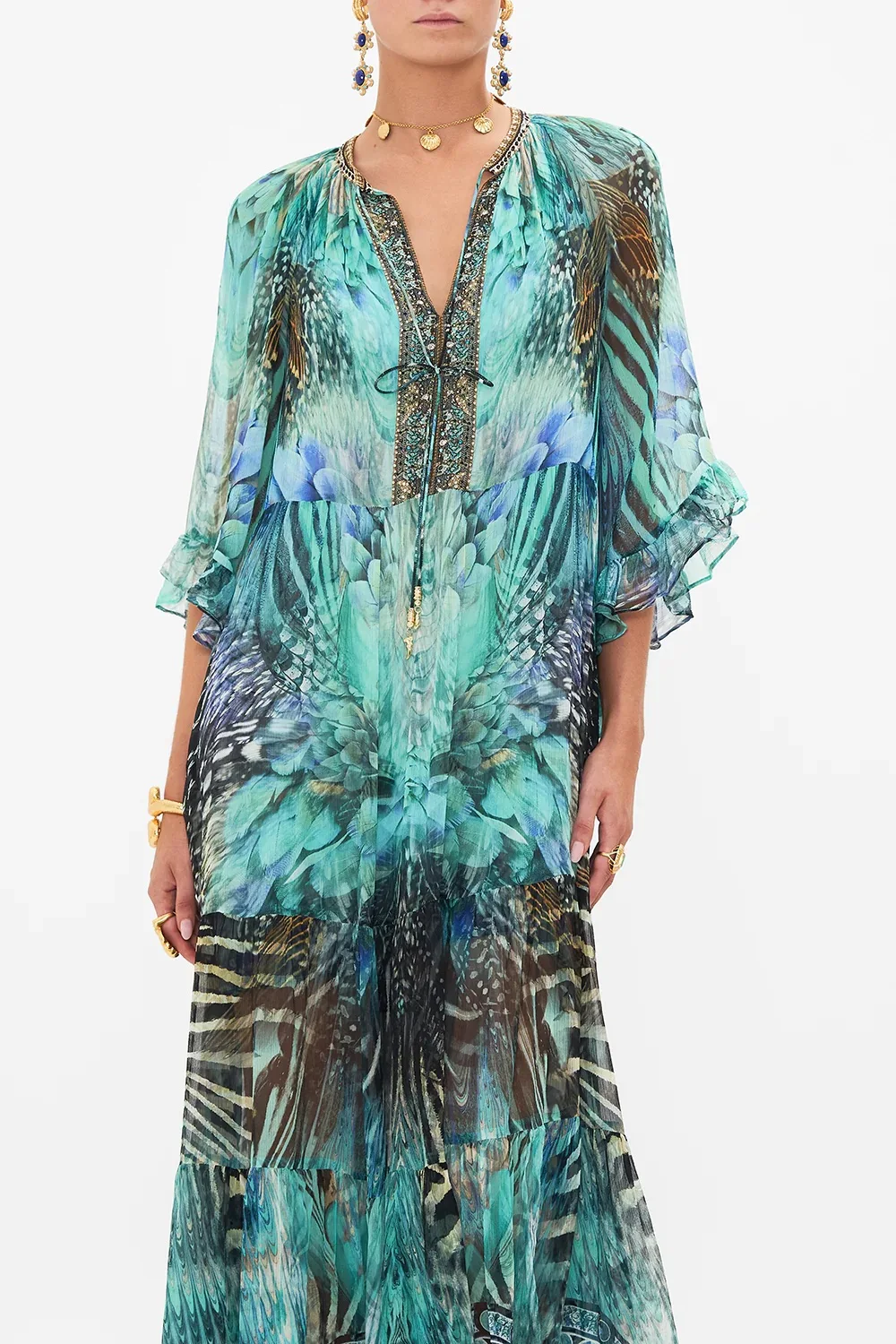 Peacock Print Women's 100% Silk Robe Heavy Beaded Flare Sleeve V-Neck Retro Loose Maxi Dress