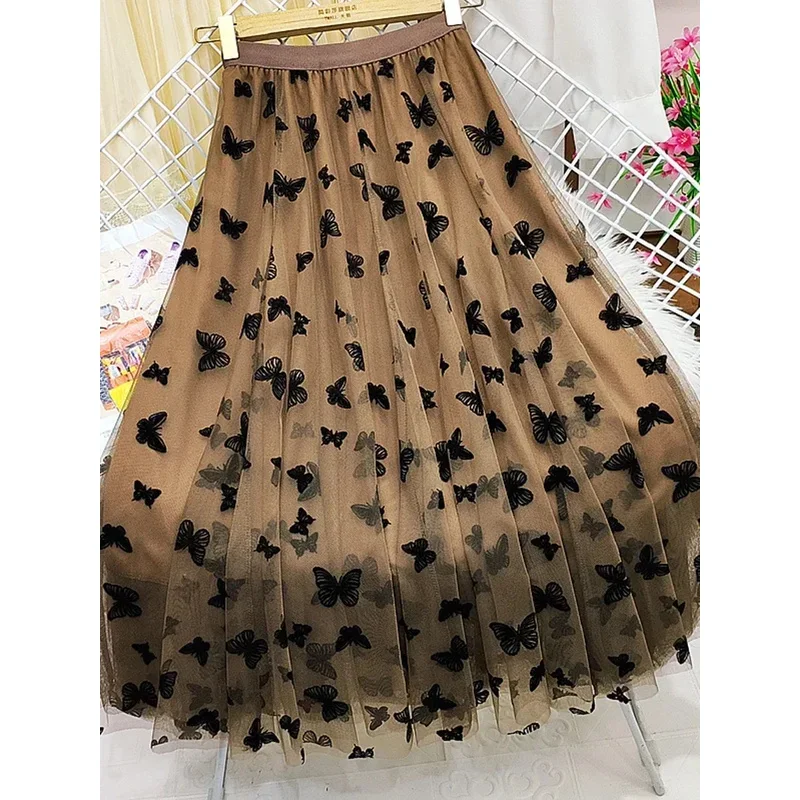 กระโปรงยาวผ้าทูลล์รูปผีเสื้อสำหรับผู้หญิงกระโปรงตาข่ายคลุมเข่าเอวสูงสีดำแบบลำลอง