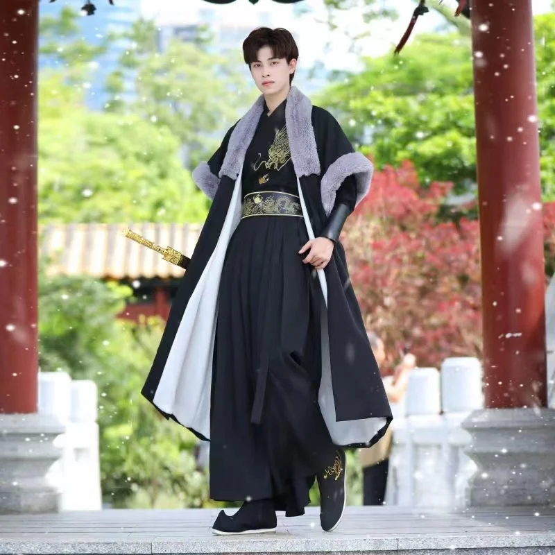 Hanfu مجموعة ملابس التنين الكلاسيكية للرجال ، مجموعة الفساتين الرجالية ، الزي الصيني التقليدي ، عباءة الذكور ، ياقة متقاطعة ، الأولاد ، هدايا العام الجديد ، الشتاء