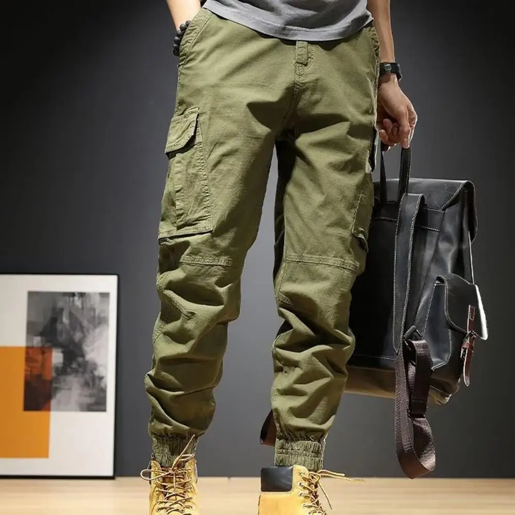 Classic Multi Pocket Military Biker Men Cargo Pants High Quality Man Drawstring Elastic Waist Solid Color Pant pantalones hombre