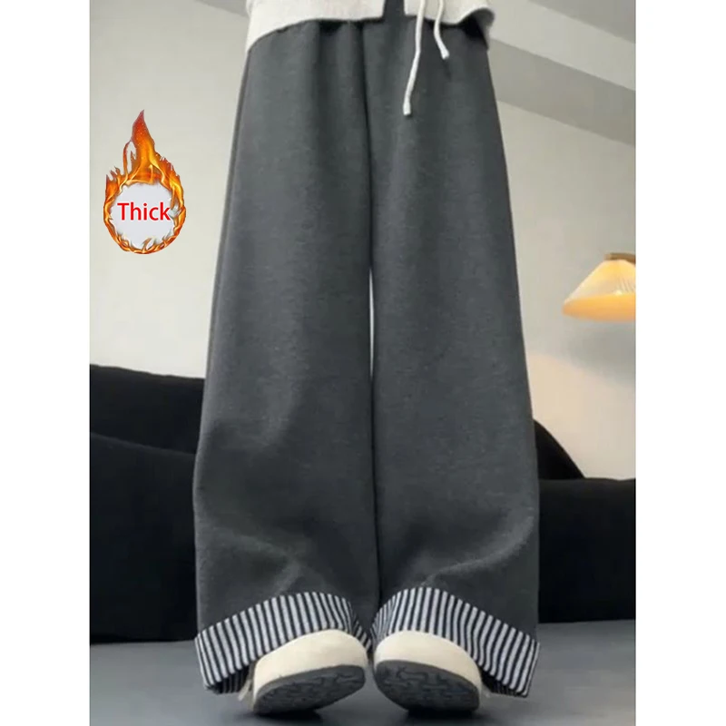 Thick Loose Pants Fall Winter Women Lazy Wind Striped Patchwork Warm Trousers Casual High Waist Office Lady Autumn Wide Leg Pant