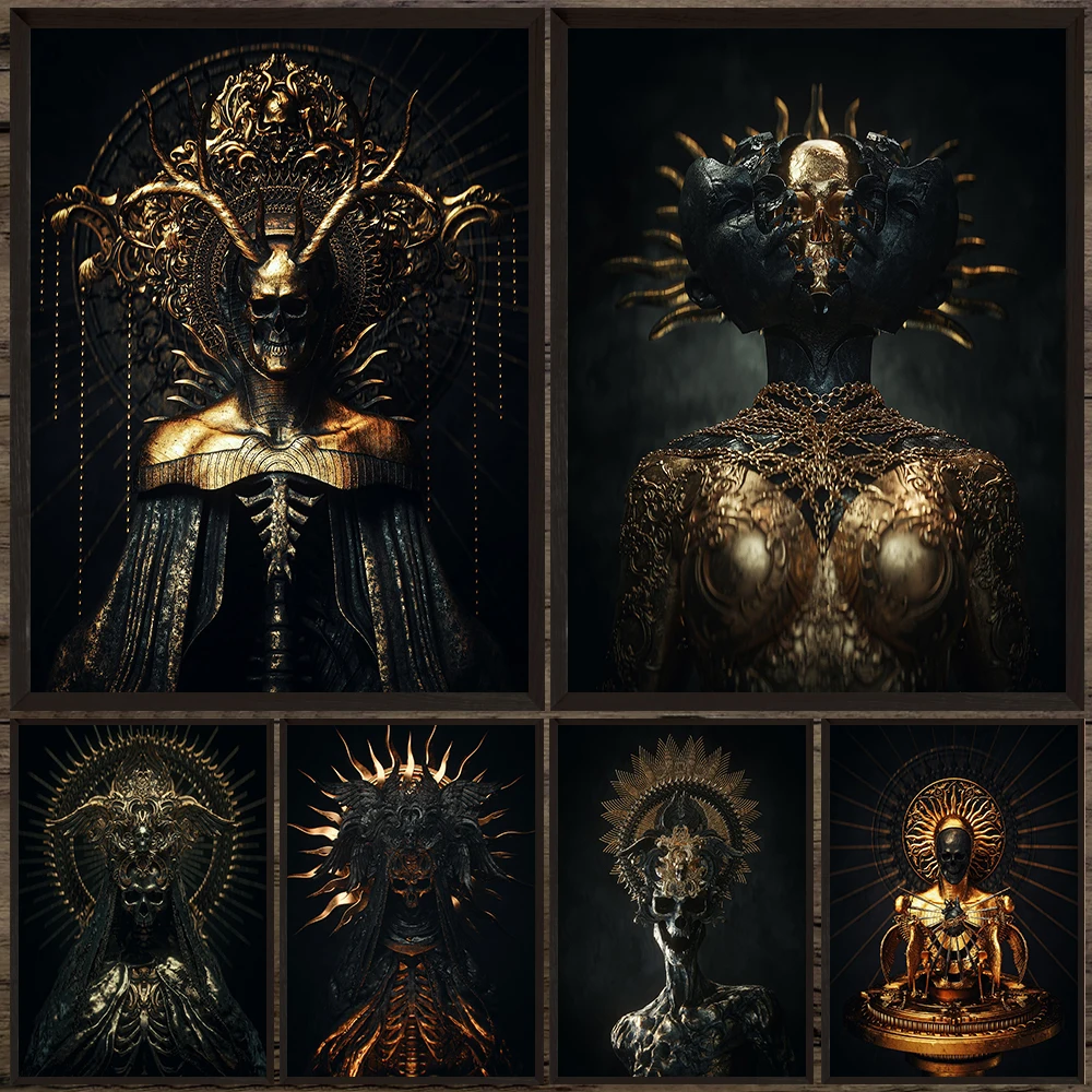 Golden Skull Demon Saint Abstract Wall Art Canvas Painting,Dark Witchcraft Aesthetics,Gothic Horror Art Poster Print Home Decor