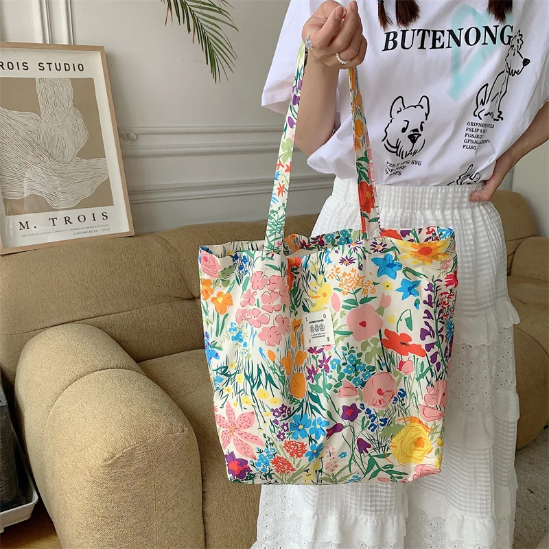 Fresh Summer Rose Floral Printed Canvas Bag Roomy Single Shoulder Handbag Multifunctional Beach Travel Grocery Shopping Pouch