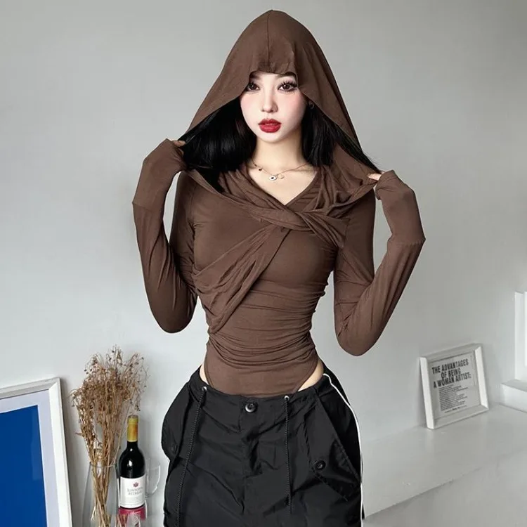 Vintage Street Hoodie T-shirt for Women 2024 Spring Autumn New Tops Mujer Y2k E-Girl Slim Fit Ruched Long Sleeve Tee Shirt