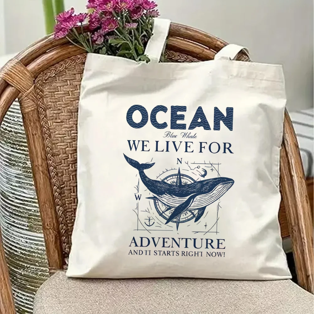 Retro Blue Whale Compass Canvas Tote Bag Nautical Ocean Adventure Shoulder Handbag Aesthetic Grocery Shopping Book Bag