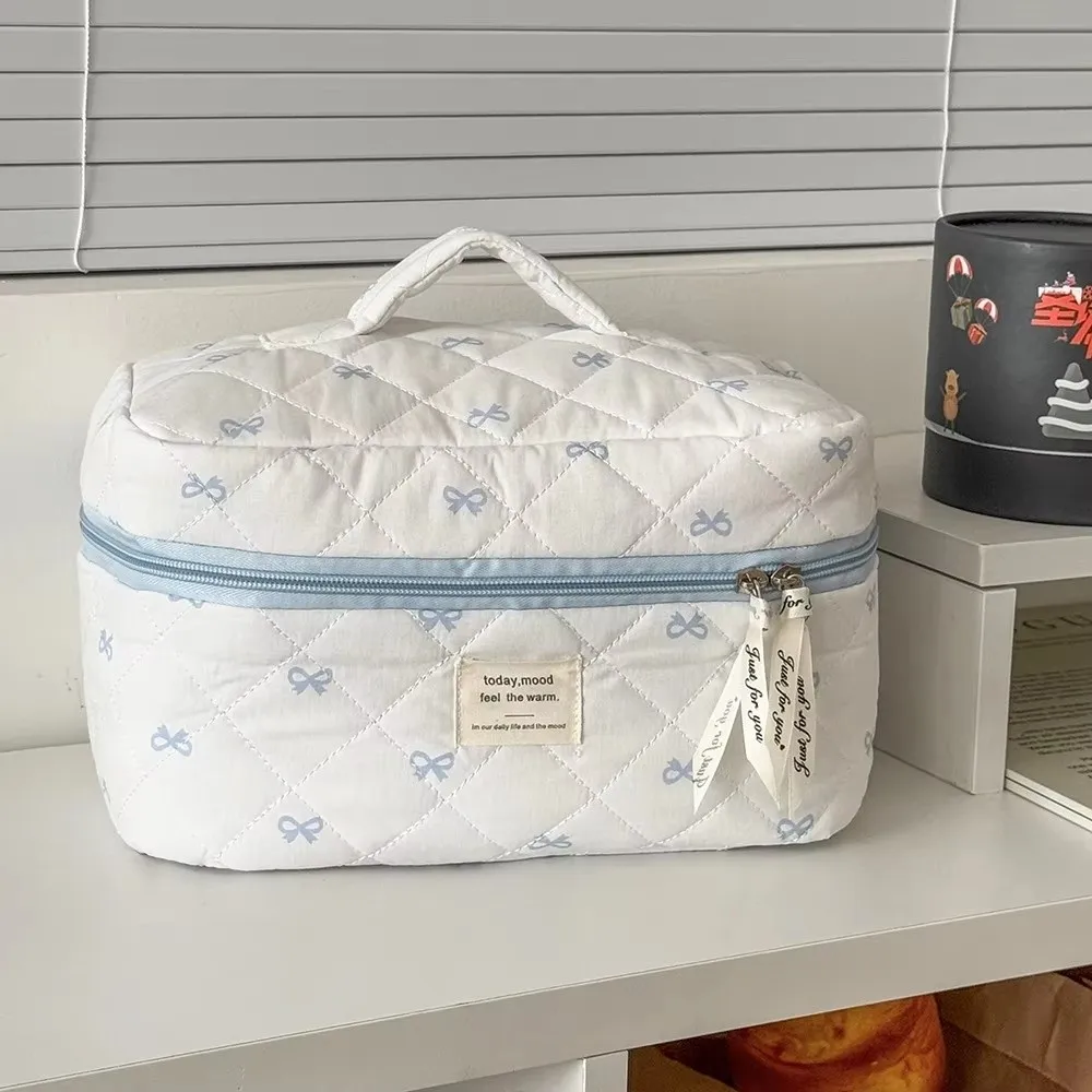 

Portable Blue Bow Women Cosmetic Bag Travel Pouch Large Capacity Storage Handbag Zipper Pencil Case Wash Bags Gifts