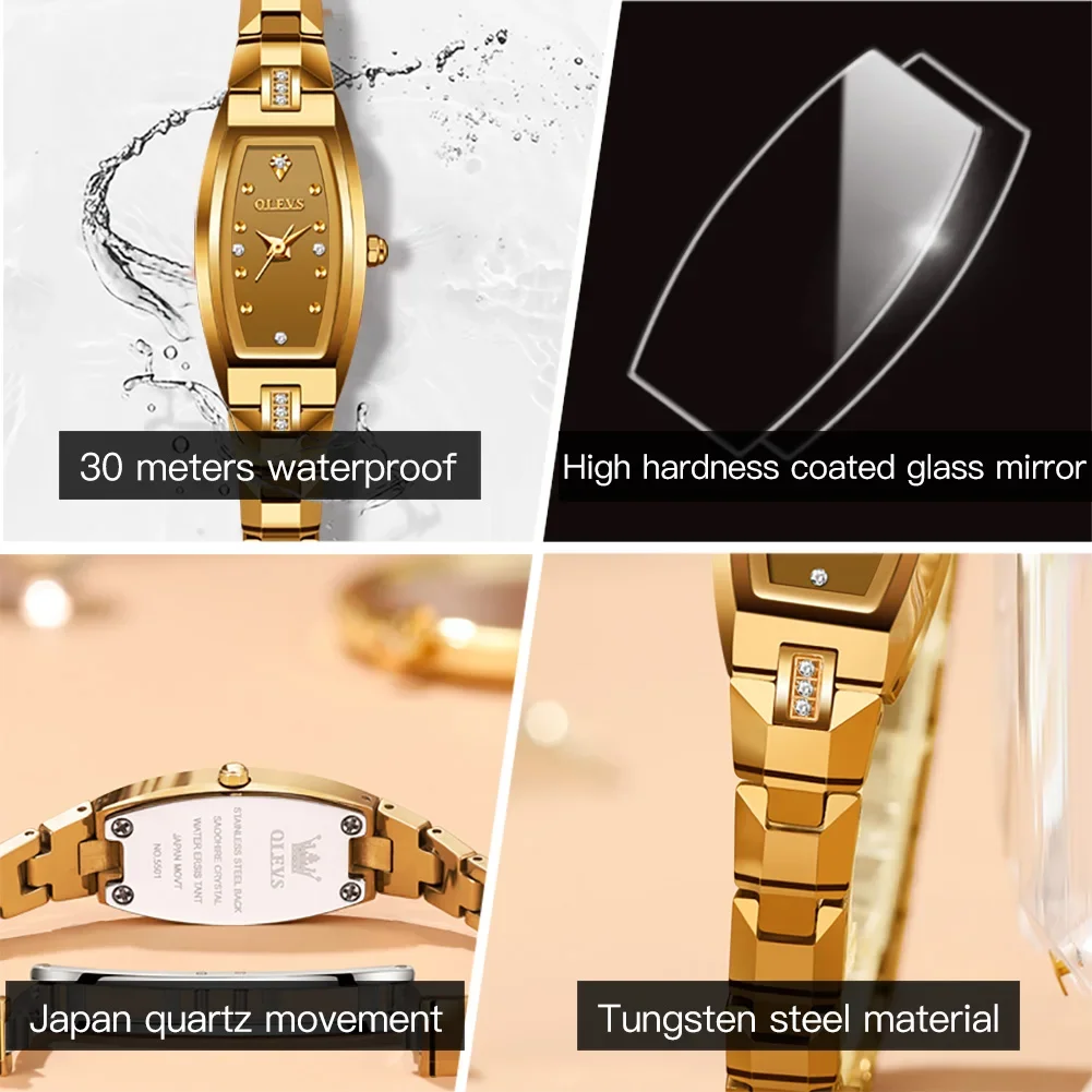 OLEVS Quartz Watch for Women Luxury Tungsten Steel Waterproof Elegant Golden Women\'s Wristwatches Bracelet Gift Set Reloj Mujer