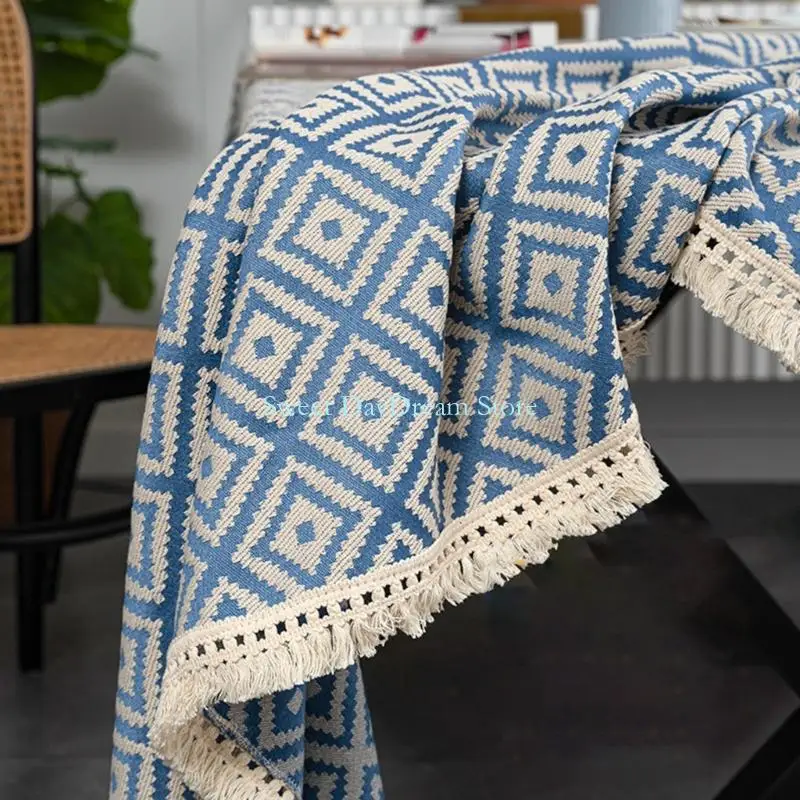 Y88C Tablecloth Geometric Pattern Nordic Fringes Hems Washable Polyester Fabric