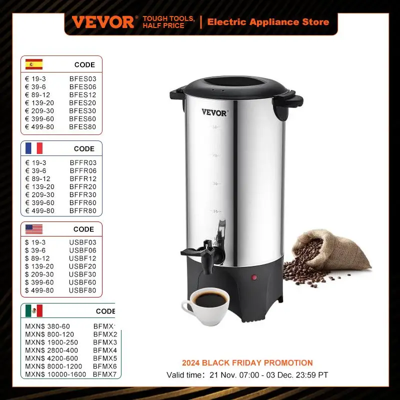 VEVOR 50 Cups Commercial Coffee Urn Stainless Steel Large Coffee Dispenser 1000W Electric Coffee Maker Urn For Quick Brewing